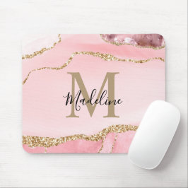 Modern Blush Pink Agate Geode Gold Script Monogram Mousepad