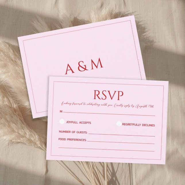 Modern blush pink and red minimalist wedding RSVP karte (Von Creator hochgeladen)