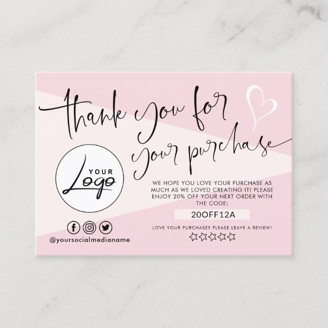 Modern Blush Pink Bestellung Danke Business Card Visitenkarte (Vorderseite)