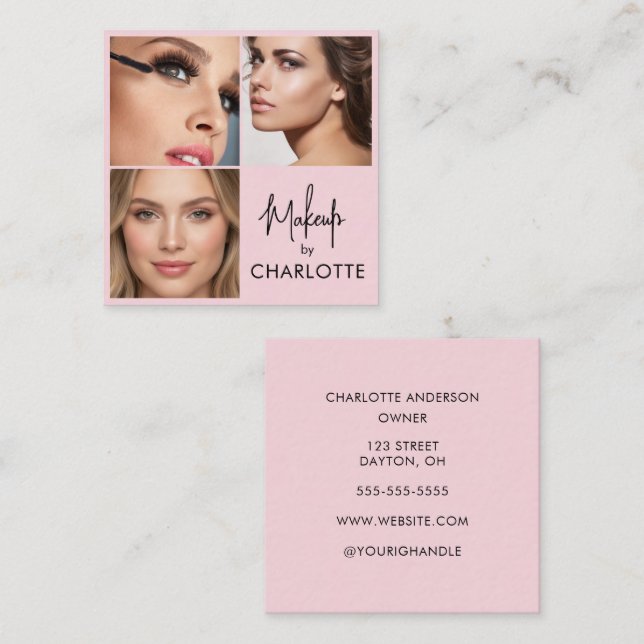 Modern Blush Pink Black Script 3 Photo  Quadratische Visitenkarte (Vorne/Hinten)