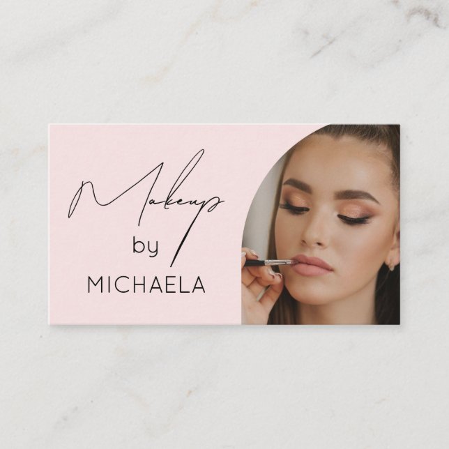 Modern Blush Pink Black Script Photo Makeup Visitenkarte (Vorderseite)