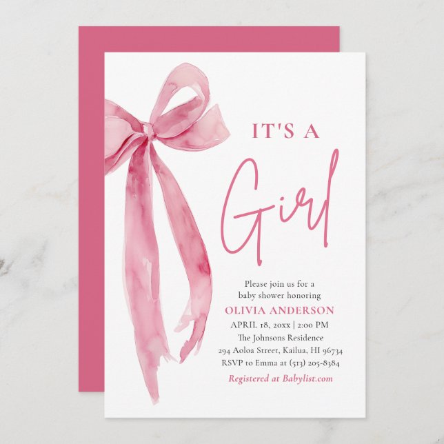 Modern Blush Pink Bow It's a Girl Baby Shower Einladung (Vorne/Hinten)
