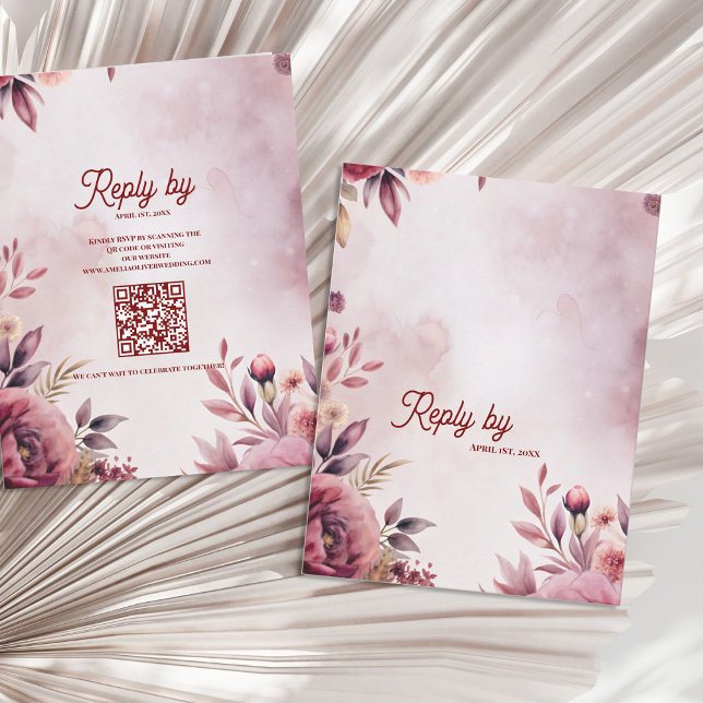Modern Blush Pink Floral QR Code Romantic Wedding RSVP Karte (Blush Pink Floral Wedding RSVP Card with QR Code | Modern Floral Reply Card)
