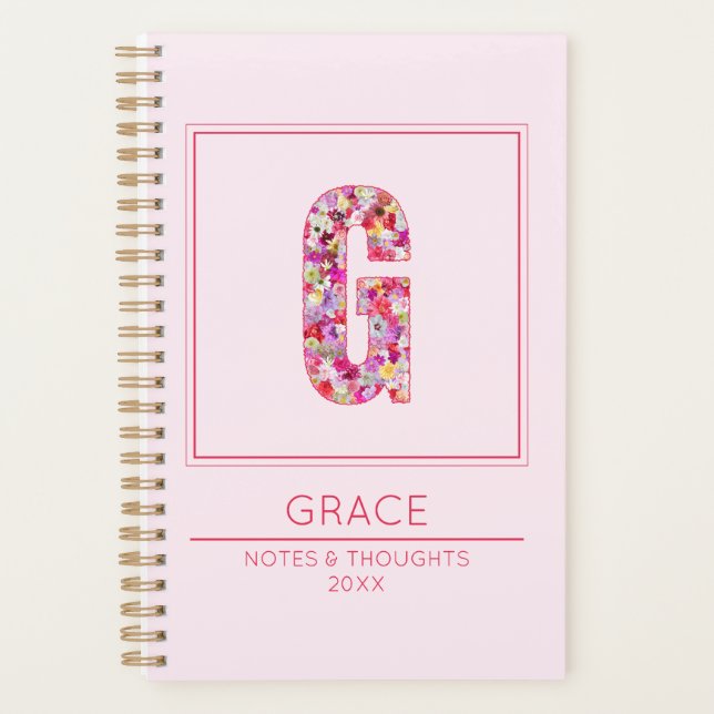 Modern Blush Pink Girly Floral Monogram Letter G Planer (Vorderseite)