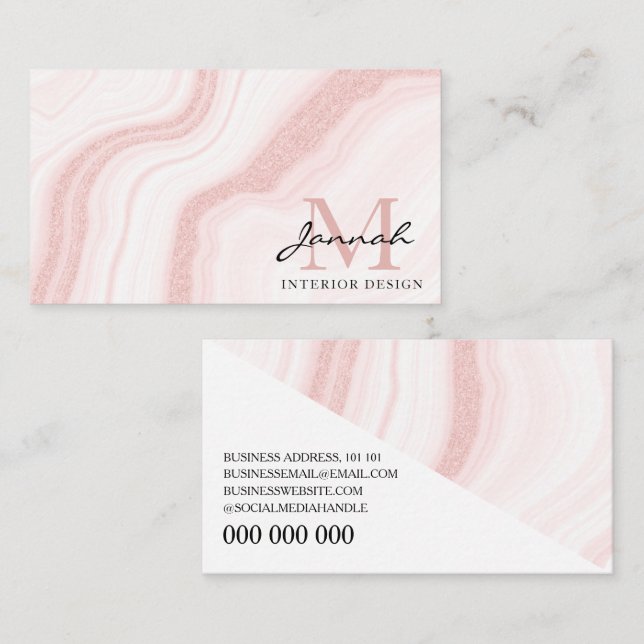 Modern Blush Pink Glitzer Marbour Agate Monogram Visitenkarte (Vorne/Hinten)