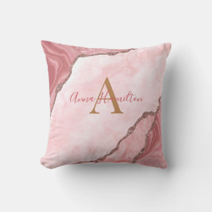 Modern Blush Pink Gold Agate Geode Monogram Kissen