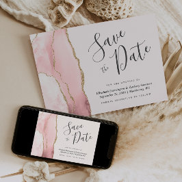 Modern Blush Pink Gold Agate Save the Date Karte