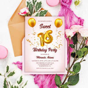 Modern Blush Pink Gold Glitzer Balloons Sweet 16 Einladung