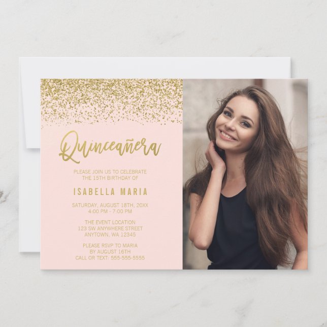 Modern Blush Pink Gold Glitzer Quinceanera Foto Einladung (Vorderseite)