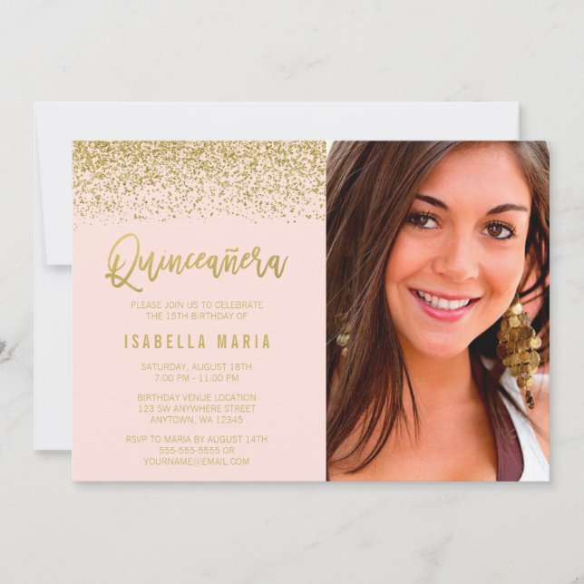Modern Blush Pink Gold Glitzer Quinceanera Foto Einladung (Vorderseite)