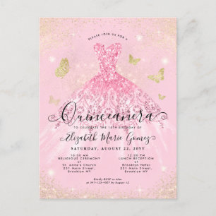 Modern Blush Pink Gold Glitzer Quinceanera Postkarte