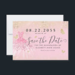 Modern Blush Pink Gold Glitzer Quinceanera Save The Date<br><div class="desc">Moderne Rosa Klassik Goldene Prinzessin Gown Dress Glitzer Sparkle Butterfly 15. Geburtstag Quinceanera Save the Date Einladung</div>