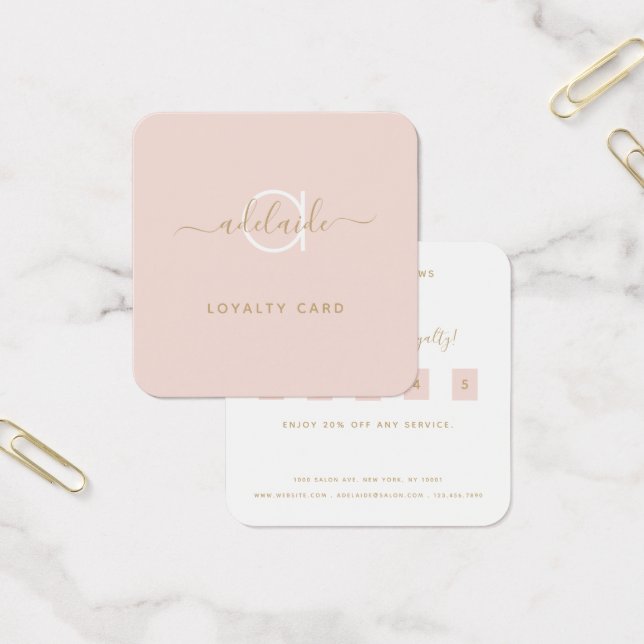 Modern Blush Pink Gold Monogram Name Loyalty Card (Büro)