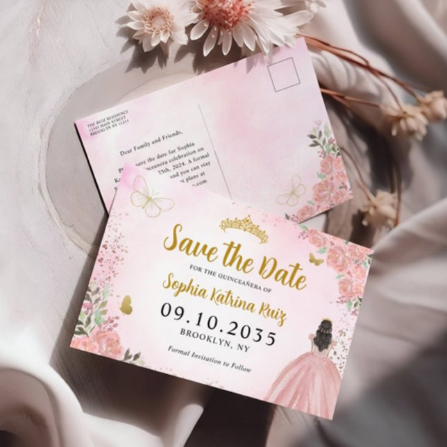 Modern Blush Pink Gold Quinceanera Save the Date Postkarte (Von Creator hochgeladen)