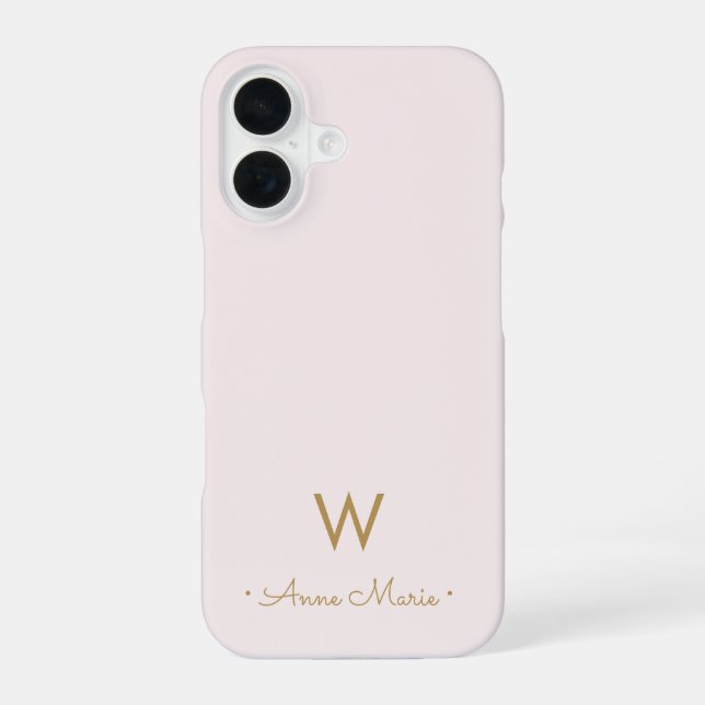 Modern Blush Pink Gold Script Monogram iPhone 16 Hülle (Rückseite)