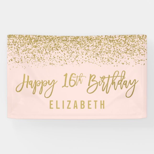 Modern Blush Pink Imitate Gold Glitzer 16. Geburts Banner (Horizontal)