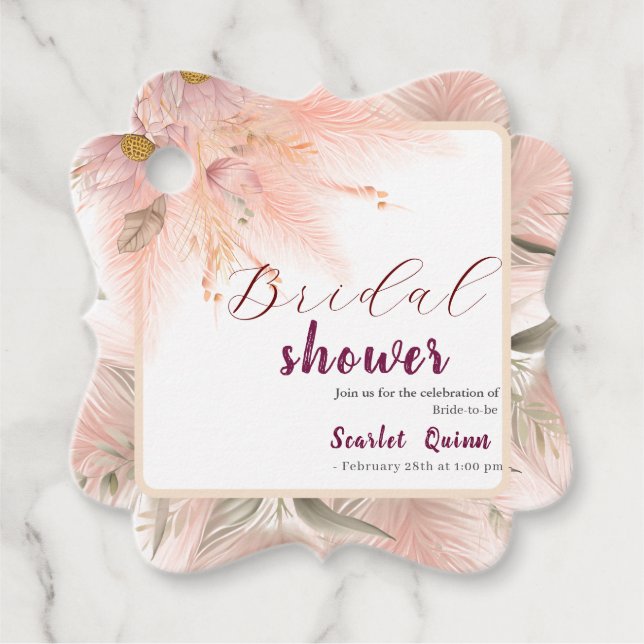 Modern blush pink pampas grass bridal bunch geschenkanhänger (Vorderseite)