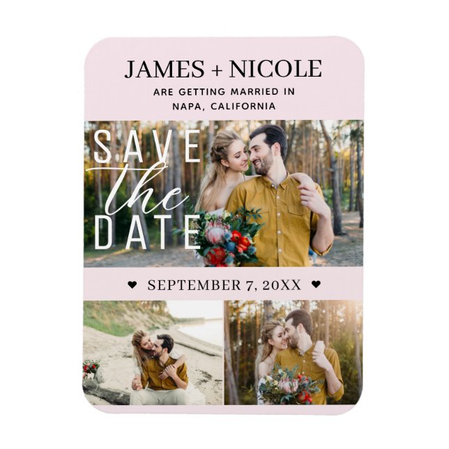 Modern Blush Pink Save the Date Hochzeit 3 Fotos Magnet (Vertikal)