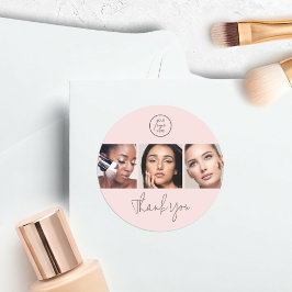 Modern Blush Pink Script 3 Photo Makeup Thank You Runder Aufkleber