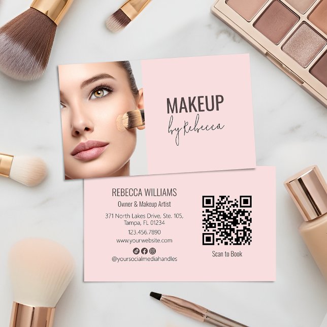 Modern Blush Pink Script Font QR Code Photo Makeup Visitenkarte (Modern blush pink with photo and QR code - ideal for makeup artists and beauty businesses)
