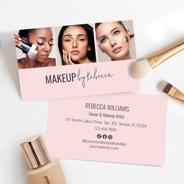 Modern Blush Pink Social Icons 3 Photo Makeup Visitenkarte (Modern and minimal 3 photo blush pink design - fully customizable for your makeup business)