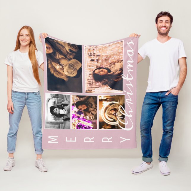 Modern Blush Pink Weihnachten 5 Foto Collage Fleecedecke (Beispiel)