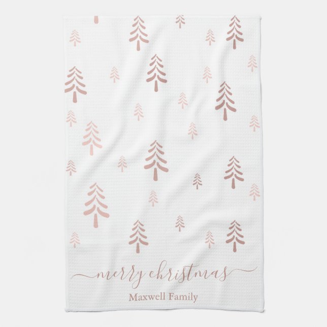 Modern blush pink white merry christmas trees name geschirrtuch (Vertikal)