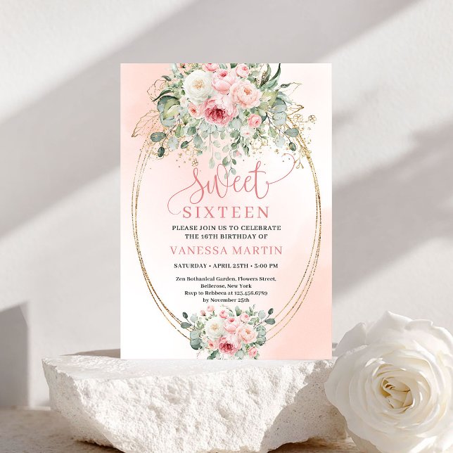 Modern Blush Roses Sweet Sixteen Birthday Invite Einladung (Modern Blush Roses Sweet Sixteen Birthday Invite)
