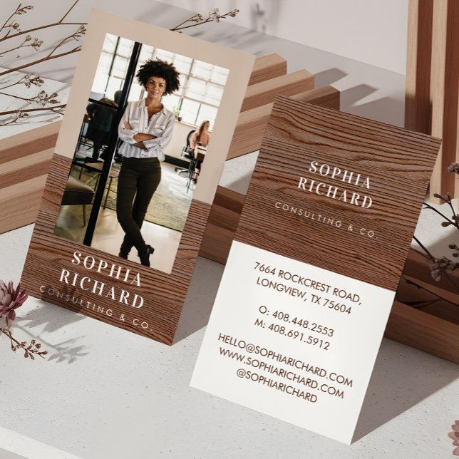 Modern Blush & Wood Chic Luxury Professional Photo Visitenkarte (Modern Woodgrain Professional Business Photo Business Card)