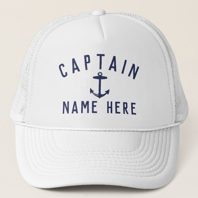 Modern Boat Captain Name Nautical Anchor Navy Blue Truckerkappe (Vorderseite)