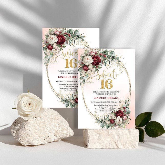 Modern Bohemian Deep Red Floral Sweet 16 Birthday  Einladung (Modern Bohemian Deep Red Floral Sweet 16 Birthday Invite)