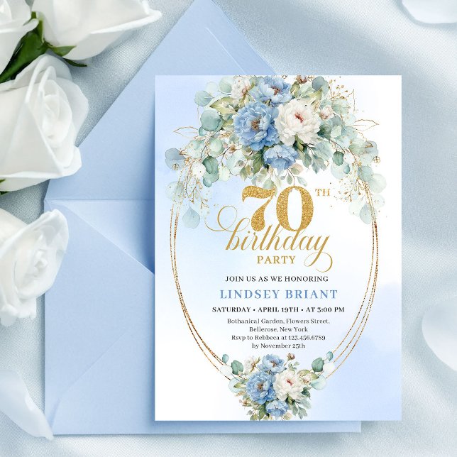 Modern Bohemian Dusty Blue Peonies 70th Birthday Einladung (Modern Bohemian Dusty Blue Peonies 70th Birthday)