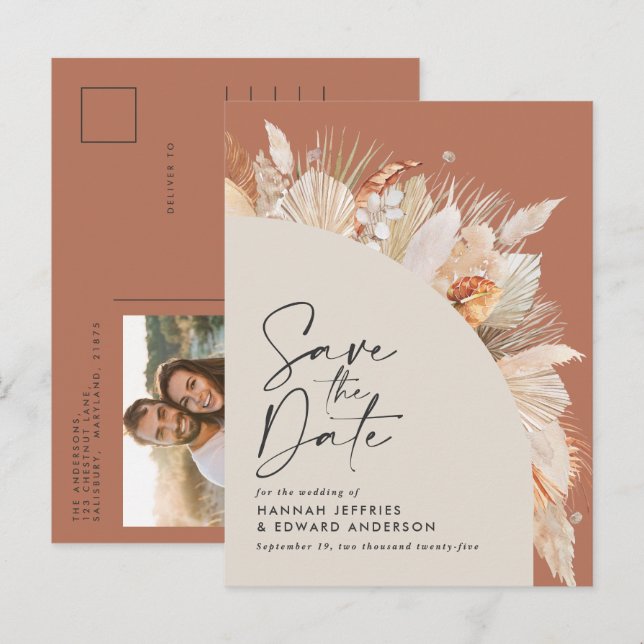 Modern Bohemian Terracotta Pampas Gras Foto anno Ankündigungspostkarte (Vorne/Hinten)