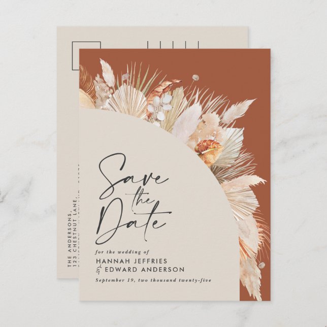 Modern Bohemian Terracotta Pampas Gras Foto anno Ankündigungspostkarte (Vorne/Hinten)