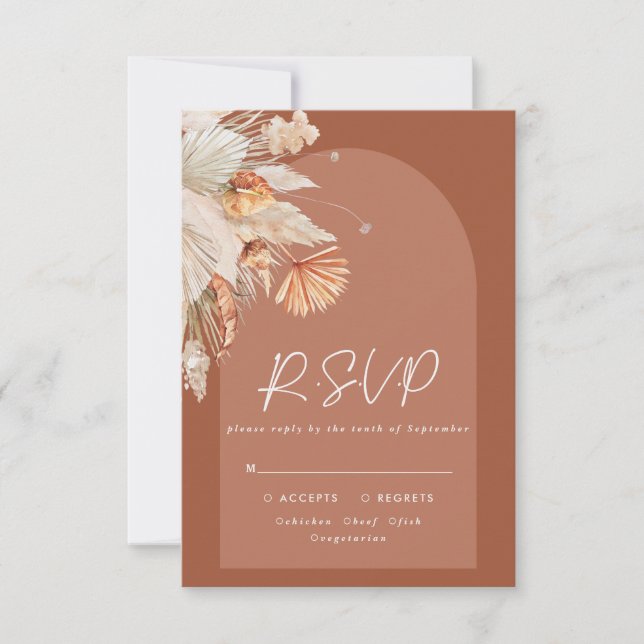 Modern bohemian terracotta pampas grass wedding RSVP karte (Vorderseite)