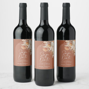 Modern Bohemian Terracotta pampas Save the Date Weinetikett