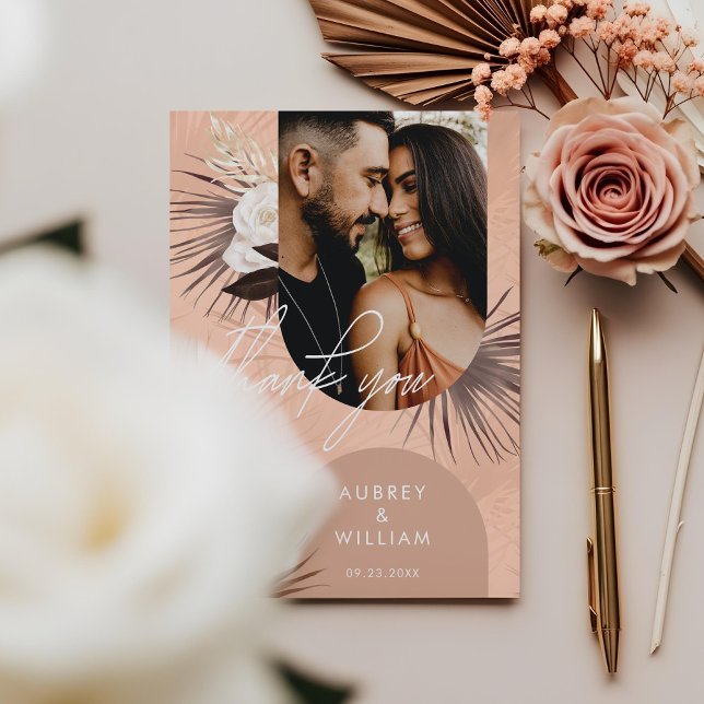 Modern Bohemisch Chic Boho Watercolor Florals Foto Dankeskarte (Modern Bohemian Chic Boho Watercolor Florals Photo Thank You Card)