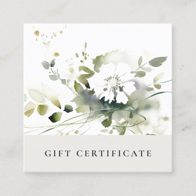 Modern Boho Abstract Green Floral Gift Certificate Quadratische Visitenkarte (Vorderseite)