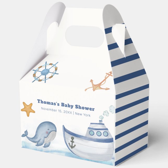Modern Boho Ahoy Boy Whale Sailboat Babydusche Geschenkschachtel (Rückseite)