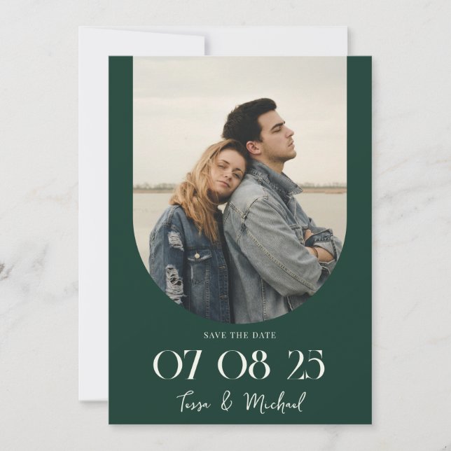 Modern Boho Arch Foto Emerald Green Wedding Save The Date (Vorderseite)