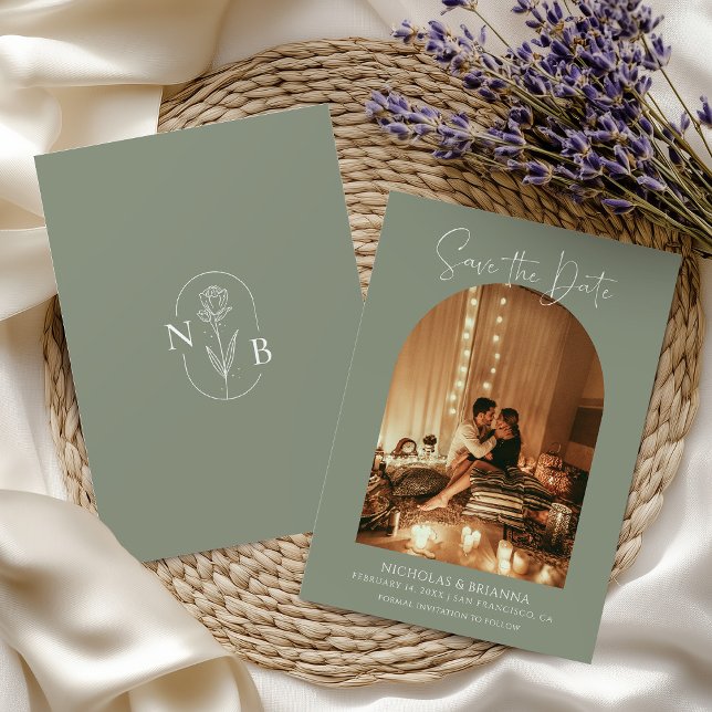 Modern Boho Arch Foto Sage Green Wedding Monogram Save The Date (Von Creator hochgeladen)