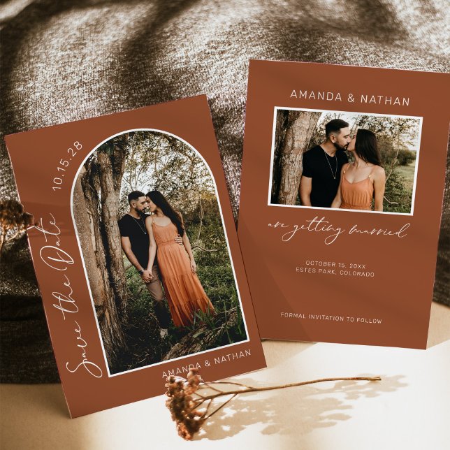 Modern Boho Arch Foto Save The Date (terracotta fall wedding save the date)