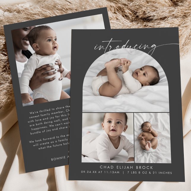 Modern Boho Arch | Graue FotoCollage Birth Ankündigung (Von Creator hochgeladen)