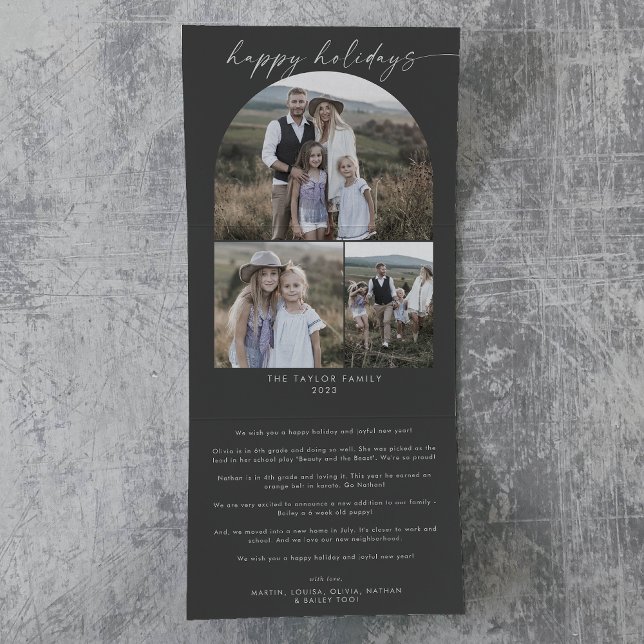 Modern Boho Arch Gray Happy Holidays FotoCollage Dreifach Gefaltete Urlaubskarte (Von Creator hochgeladen)