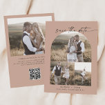 Modern Boho Arch | Lachs QR-Code FotoCollage Save The Date<br><div class="desc">Diese moderne Boho arch Lachs QR Code Foto Collage Save the Date Karte ist perfekt für eine einfache Hochzeit. Das böhmisch-orange-rosa Design zeichnet sich durch eine einzigartige, industrielle Schrift mit minimalistisch Vintagem Stil aus. Personalisieren Sie die Vorderseite der Karte mit 3 Fotos, Ihren Namen, Datum und Hochzeitsort. Fügen Sie ein...</div>