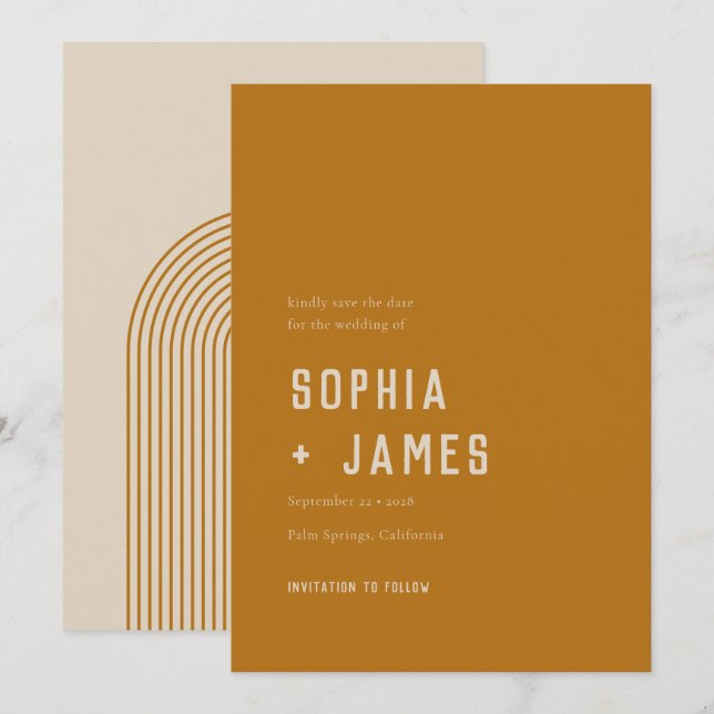 Modern Boho Arch Ochre Orange Typograph Save The Date (Vorne/Hinten)