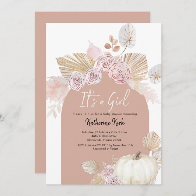 Modern Boho Arch Pumpkin Es ist eine Girl Baby Dus Einladung (Vorne/Hinten)