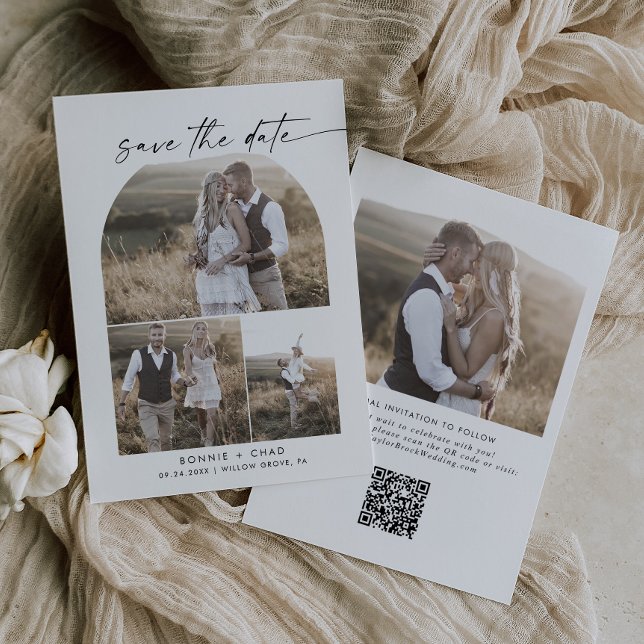 Modern Boho Arch QR Code Foto Collage Save The Date (Von Creator hochgeladen)