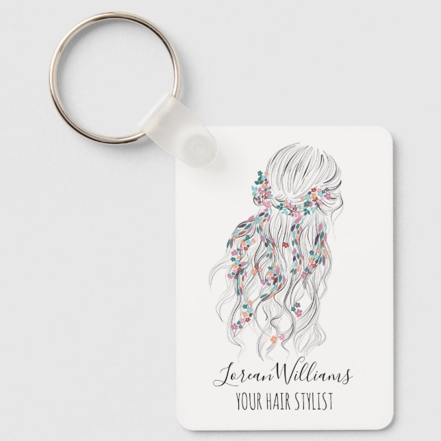 Modern Boho Black White Wavy Hair Style Floral QR Schlüsselanhänger (Vorderseite)