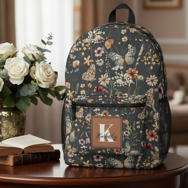 Modern Boho Blumige Monogramm-Name Bedruckter Rucksack (Von Creator hochgeladen)